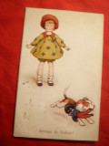 Ilustrata comica - Cainele fura papusa fetitei , circulat 1932 Paris-Bucuresti, Circulata, Printata