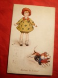 Ilustrata comica - Cainele fura papusa fetitei , circulat 1932 Paris-Bucuresti