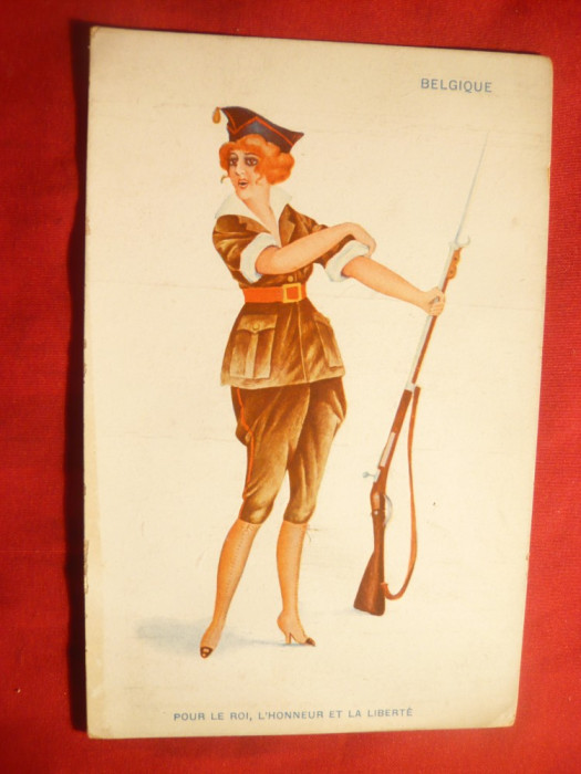 Ilustrata comica - Femeie in Uniforma militara Belgiana , cu pusca