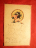 Ilustrata- Litografie- Femeie la plaja cu umbrela 1924 ,circulat la Codlea, Circulata, Printata
