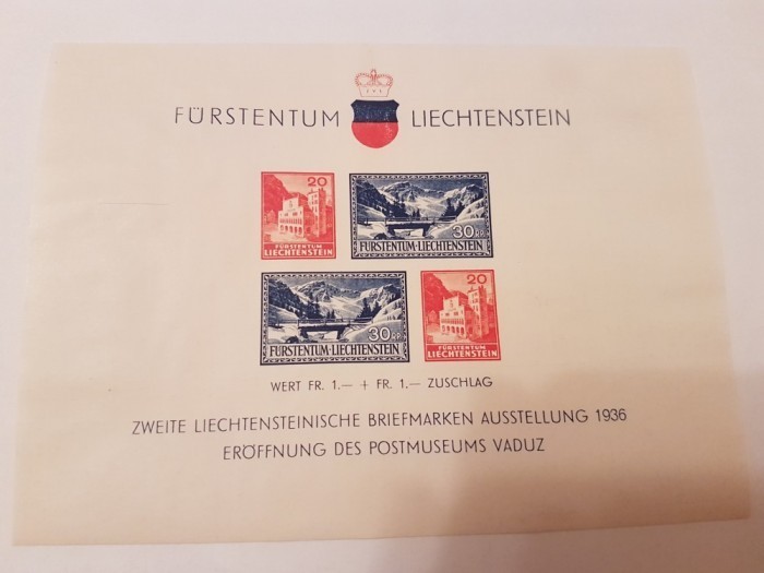 liechtenstein 1936 vederi in vaduz/ colita nestampilata MH