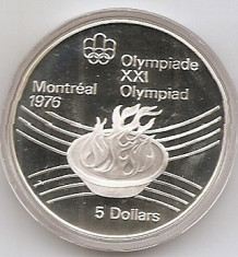 Canada 5 Dolari 1976 - Olympic Flame, Argint 24.3g/925, Proff KM-110 UNC !!! foto