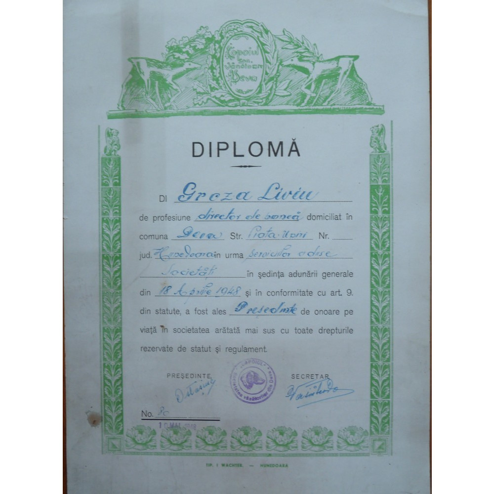 Diploma Groza Presedintele Asociatiei De Vanatoare Copoiul Deva