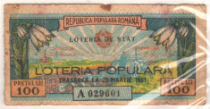 SV * Romania RPR Loteria Populara 100 LEI 1951 Extragerea din 31 MARTIE F+ foto