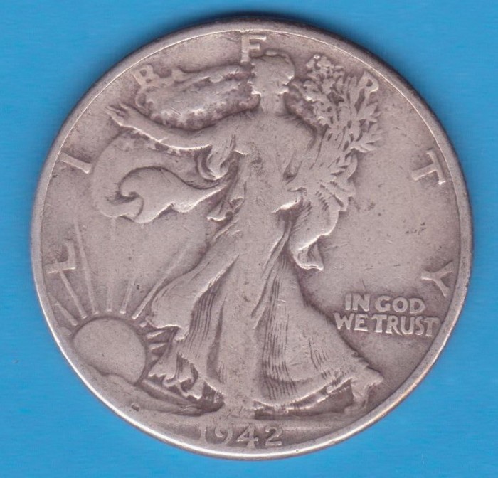 (1) MONEDA DIN ARGINT SUA - HALF DOLLAR 1942, FARA LITERA, WALKING LIBERTY foto mare (1) MONEDA DIN ARGINT SUA - HALF DOLLAR 1942, FARA LITERA, WALKING LIBERTY foto mare