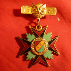 Decoratie -Bufnita, Cruce , V.K.-Rosu-Negru-Verde 1957, metal si email, h=6,5cm
