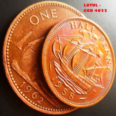 Lot / Set 2 Monede ANGLIA: Half Penny 1958 + One Penny 1962 *cod 4022 foto