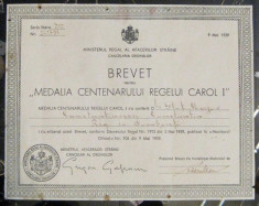 Brevet Medalia Centenarului Regelui Carol I 1939 foto