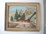 Tablou Pictura Ulei Peisaj Iarna 1964, 36x30cm, Placa