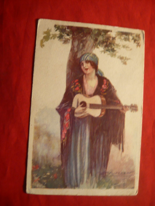Ilustrata - Femeie cu chitara - semnata ,circulat Timisoara 1924