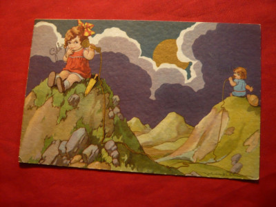 Ilustrata comica - La telefon - pe munti ,semnata foto
