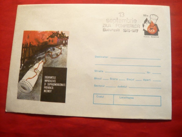 Plic ilustrat Pompieri cu stampila speciala Ziua Pompierilor 1977 , cod 166/77