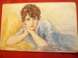 Ilustrata - Femeie in pat , semnat T.Corbelli , circulat 1921, Circulata, Printata