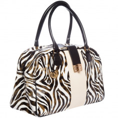 Geanta Zebra Print Puur Collection, piele ecologica, Negru/Alb/Crem, pentru femei foto