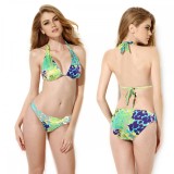 Cumpara ieftin Costum de baie multicolor model floral, Albastru, Orange, Verde, Doua piese, M, S