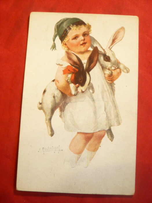 Ilustrata -Felicitare - Fetita cu Iepurasi, semnata ,circ. la Brasov 1917