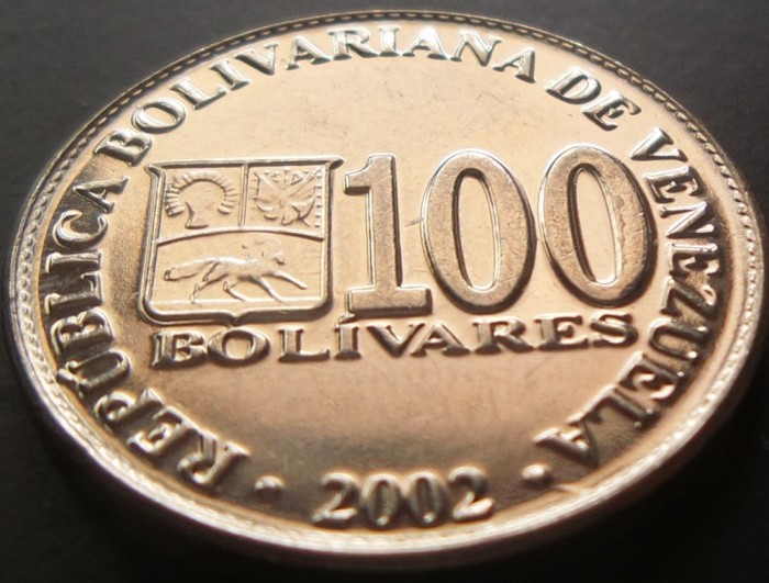 Moneda 100 Bolivares - VENEZUELA, anul 2002 *cod 142 a.UNC foto mare Moneda 100 Bolivares - VENEZUELA, anul 2002 *cod 142 a.UNC foto mare