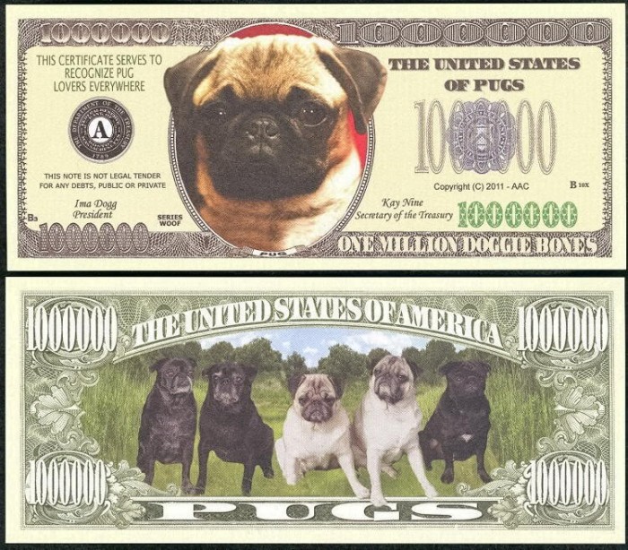 !!! SUA = FANTASY NOTE = MOPS , PUG DOG - 2011 - UNC / SERIA CAINI , WOOF !!! SUA = FANTASY NOTE = MOPS , PUG DOG - 2011 - UNC / SERIA CAINI , WOOF