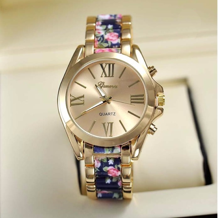 NOU Ceas dama metalic auriu elegant curea imprimeu floral bleumarin roz GENEVA foto mare NOU Ceas dama metalic auriu elegant curea imprimeu floral bleumarin roz GENEVA foto mare