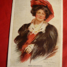 Ilustrata 1904 - Doamna cu palarie rosie -intitulata My Chauffeur" semn. Boileau