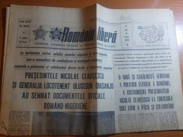 ziarul romania libera 8 iunie 1978-discutiile romano -nigeriene