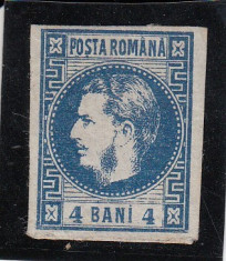 ROMANIA 1868 LP 23 CAROL I CU FAVORITI 4 BANI ALBASTRU POINCON L. PASCANU foto