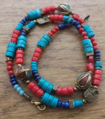 Colier unisex - turcoaz, coral, lapis, margele hand made Nepal, bufnita foto