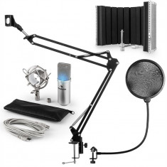 Auna MIC-900S-LED, USB, set de microfon, set V5, argintiu, microfon condensator, filtru pop, ecran acustic, bra? de microfon foto