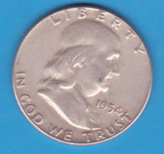 (2) MONEDA DIN ARGINT SUA - HALF DOLLAR 1954, FARA LITERA, BEN FRANKLIN foto