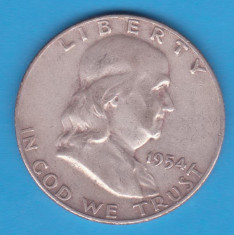 (1) MONEDA DIN ARGINT SUA - HALF DOLLAR 1954, LIT. D, BEN FRANKLIN foto