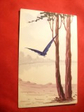 Ilustrata pictata manual -Pasare , peisaj , 9x14 cm