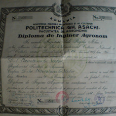 Regatul Romaniei Diploma inginer agronom Politechnica "Gh Asachi" Iasi, 1948