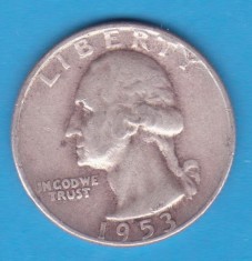 (1) MONEDA DIN ARGINT SUA - QUARTER DOLLAR 1953, LIT. D, WASHINGTON, 6.25 g foto