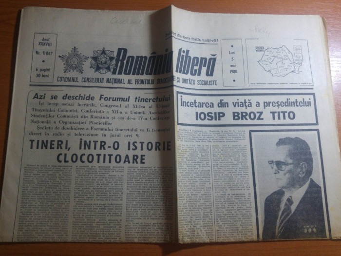 ziarul romania libera 5 mai 1980-moartea lui iosip broz tito
