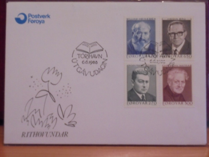 FEROE- FDC - 1988 - OAMENI DE SEAMA - STAMPILA PRIMA ZI.