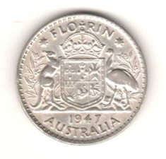 SV * Australia ONE FLORIN 1947 * ARGINT * Regele George VI +/- XF foto