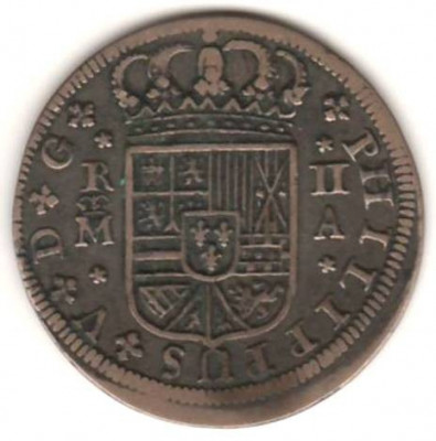 SV * Spania 2 REALES 1723 * ARGINT * Regele Phillip * STARE FOARTE BUNA ! ! ! foto