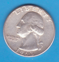 (14) MONEDA DIN ARGINT SUA - QUARTER DOLLAR 1963, FARA LITERA, WASHINGTON,6.25 g foto