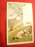 Ilustrata - Litografie- Femeie la iarba verde , circulat 1908 circ.cu 5 bani, Circulata, Printata