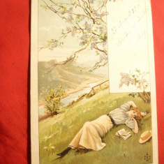 Ilustrata - Litografie- Femeie la iarba verde , circulat 1908 circ.cu 5 bani