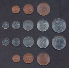 NORVEGIA █ SET COMPLET DE MONEDE █ 1+2+5+10+25+50 Ore + 1+5 Kroner 1964-1973 UNC
