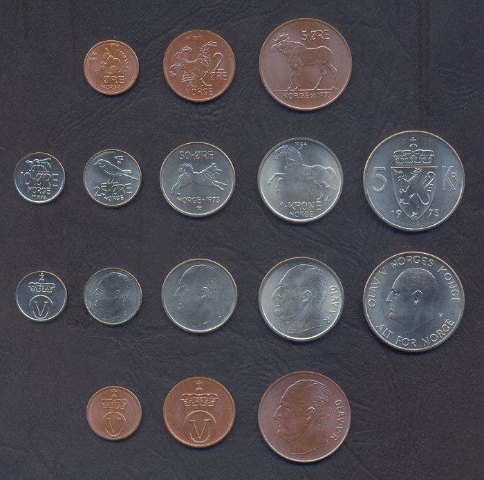 NORVEGIA █ SET COMPLET DE MONEDE █ 1+2+5+10+25+50 Ore + 1+5 Kroner 1964-1973 UNC