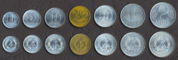 GERMANIA RDG SET COMPLET DE MONEDE 1+5+10+20+50 Pfennig +1+2 Mark 1972-1989 UNC