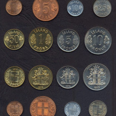 ISLANDA SET COMPLET DE MONEDE 1, 5, 10, 25, 50 Aurar 1, 5, 10 Kronur 1953-75 UNC