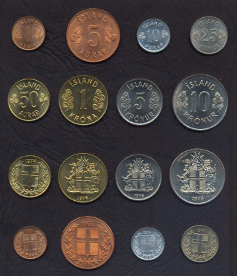 ISLANDA SET COMPLET DE MONEDE 1, 5, 10, 25, 50 Aurar 1, 5, 10 Kronur 1953-75 UNC foto