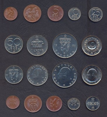 NORVEGIA █ SET COMPLET DE MONEDE 1+2+5+10+25+50 Ore +1+5+10 Kroner 1972-1983 UNC foto