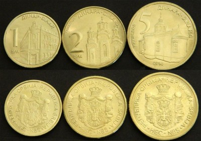 SERBIA █ SET COMPLET DE MONEDE █ 1, 2, 5 Dinara █ 2014 █ UNC foto
