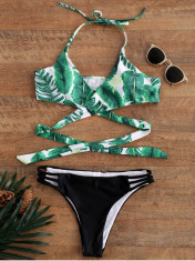 NOU Costum de baie dama 2 piese negru verde imprimat bikini decupati sexy L XL foto