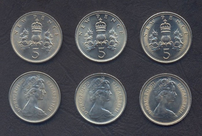 MAREA BRITANIE █ SET MONEDE █ 5 + 5 + 5 Pence █ 1969 + 1970 + 1971 █ KM911 UNC