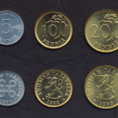 FINLANDA █ SET DE MONEDE █ 1+5+10+20 Pennia +1 Markka █ 1954-1986 █ UNC